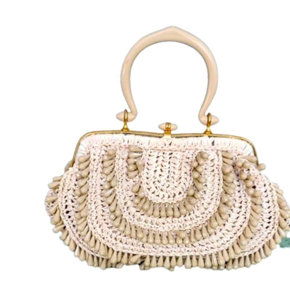 ♥️ Vintage 1960s Tan Straw Beaded Box Shaped Handbag Purse With Top Handle Italy - Picture 3 of 9